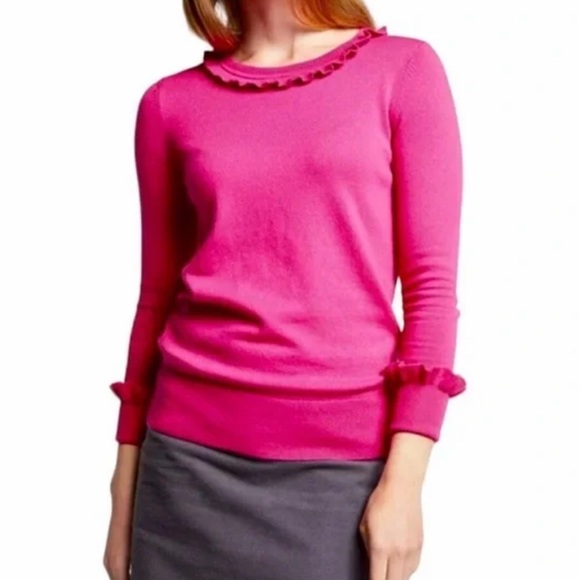 Boden Sweaters - Boden Bernadette Wool Cotton Blend Ruffle Trim Crew Neck Sweater Fuchsia Pink 16